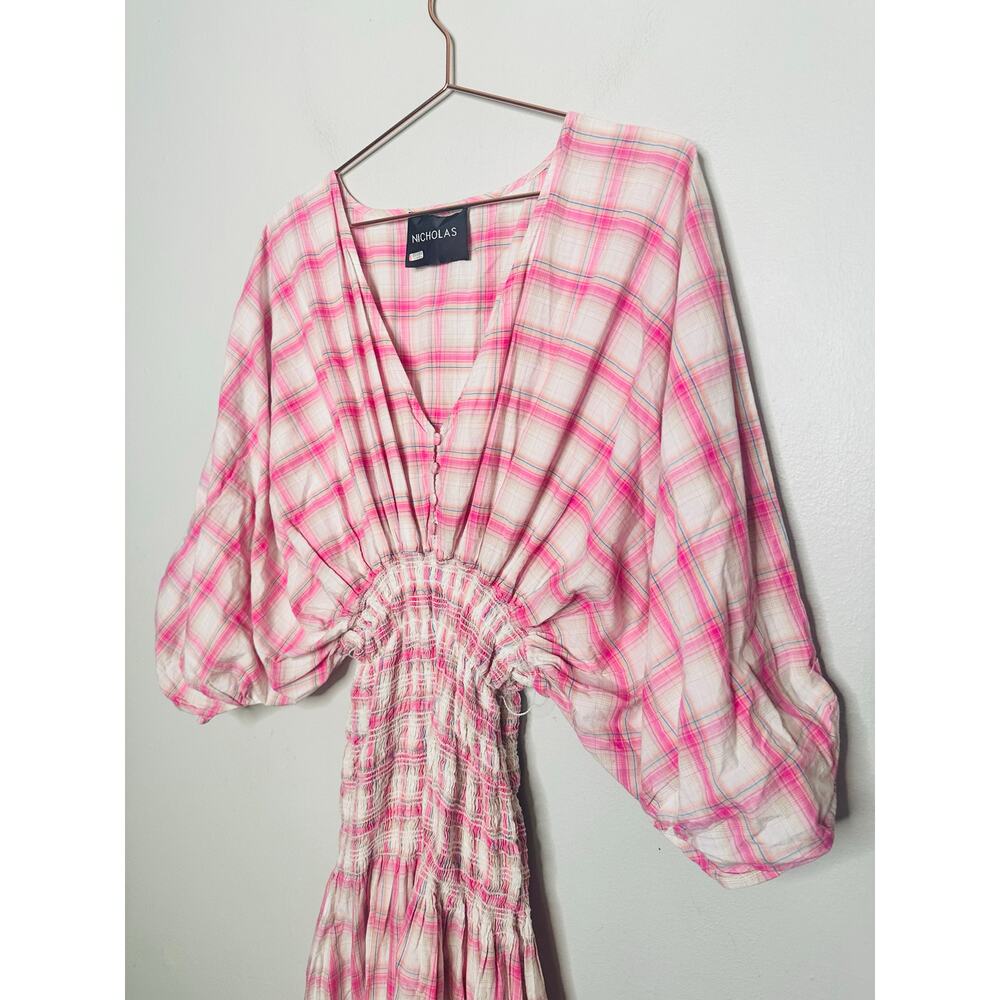 NICHOLAS Pink White Gingham Woven V-Neck Smoked Panel Dress Size US 18 - Picture 6 of 16